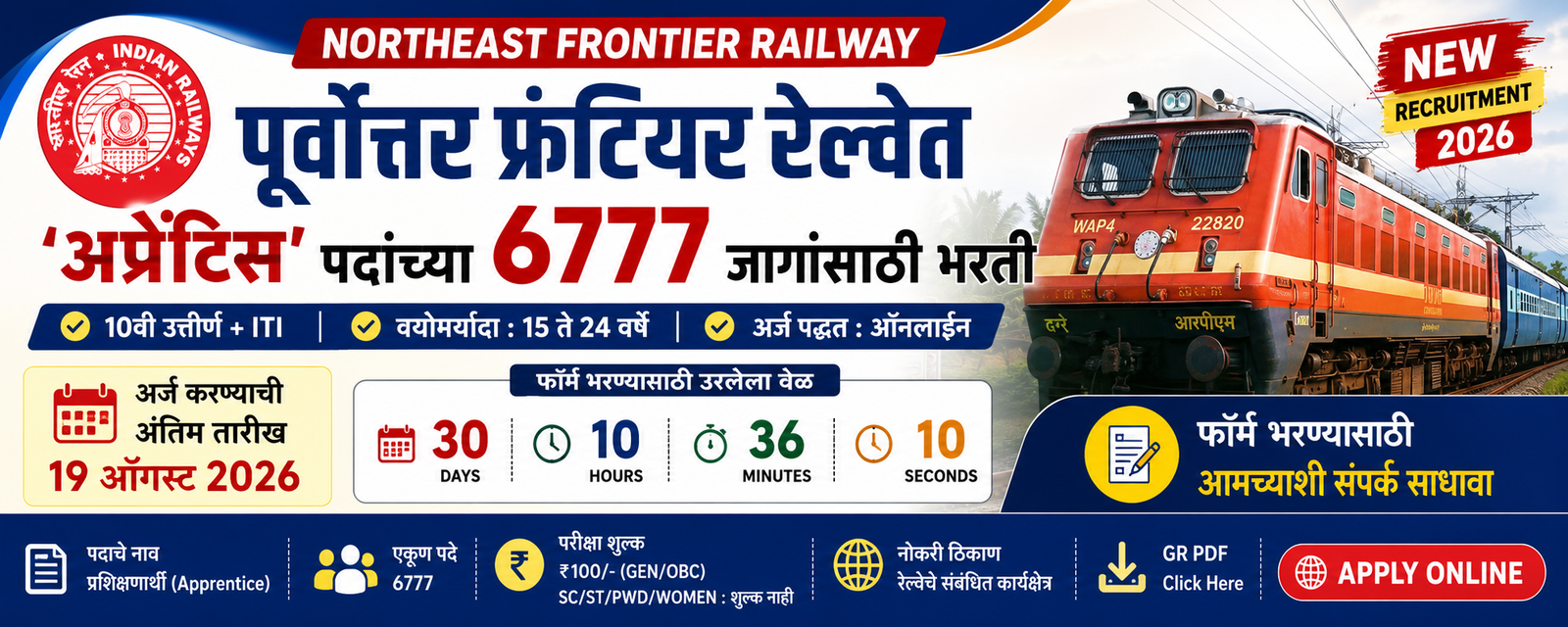 🚆 पूर्वोत्तर फ्रंटियर रेल्वेत अप्रेंटिस पदांच्या 6777 जागांसाठी भरती