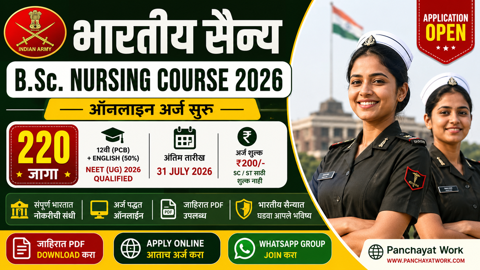 भारतीय सैन्य B.Sc. Nursing Course 2026 – 220 जागांसाठी ऑनलाइन अर्ज सुरू